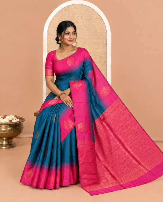 Blue Kanchi Silk Saree, Adorned with Zari Buttas, a Contrast Zari Butta Border, Grand Pallu, and a Contrast Blouse