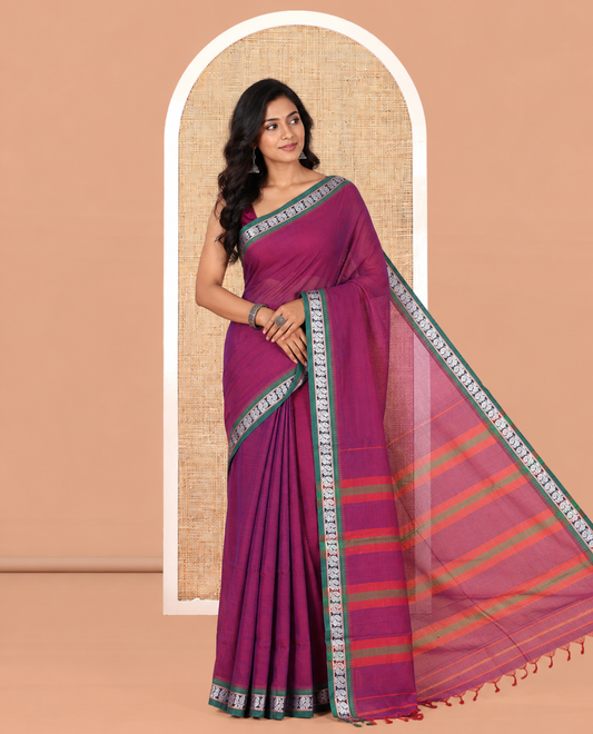 Purple Plain Mercerized Cotton Saree, a Contrast Peacock Temple Thread Border, Striped Pallu, and a Matching Blouse