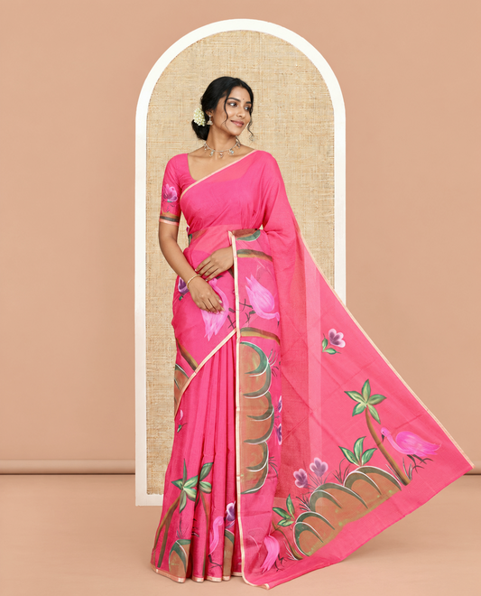 Pink Kota Doria Saree Features Flora-Flamingo Hand-Brush Print, a Piping Border, Matching Blouse