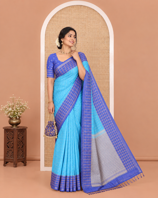 Blue Katan Silk Saree, Adorned with Vaira-Oosai-Style Stripes on Its Body, Complemented by a Contrast-Checked Border, Pallu of Jaal Designs, and Paired with a Contrast Blouse