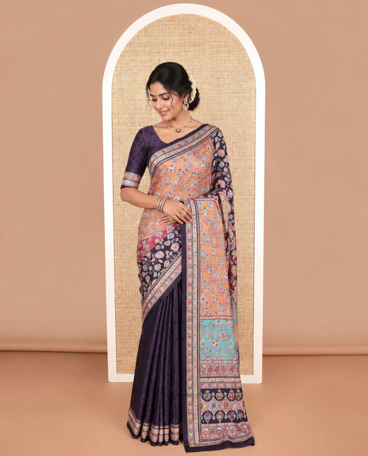 Multi-color printed, mirror work synon silk saree with printed border & printed rich pallu along with plain blouse
