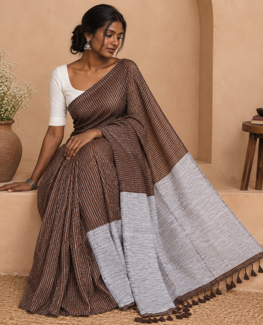 Borderless Brown Zari Striped Khadi Cotton Saree, Contrast Pallu, and No Blouse