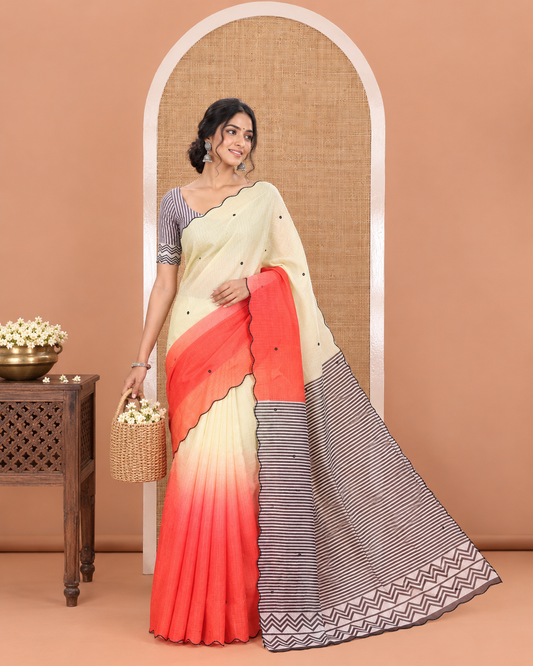 Pale Yellow-Tomato Red Linen Cotton Saree, Accentuated with Ombre-Style Dyed with Mirror Work Across Its Body, Subtly Sparkled Scallop Thread Border, Pallu Steeped with Stripes and Mirror Work, and Paired with a Contrast Vertical Stripes Printed Blouse