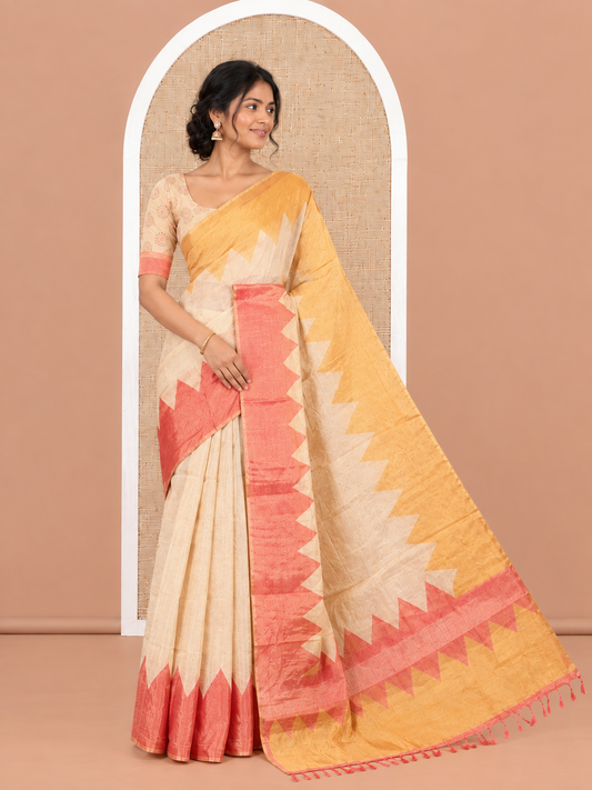 Gold-Pink-Mustard Plain Tissue Saree, Complemented by Contrast Ganga-Jamuna Temple Border, a Matching Blouse