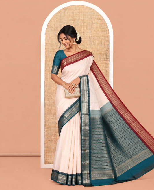 White Zari Checked Budget Silk Saree, Contrast Ganga-Jamuna Traditional Border, Intricate Pallu, and Contrast Blouse