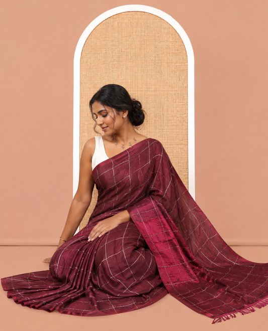 Borderless Wine Fendi Chiffon Saree, Adorned with Checks, a Self-Pallu, and No Blouse