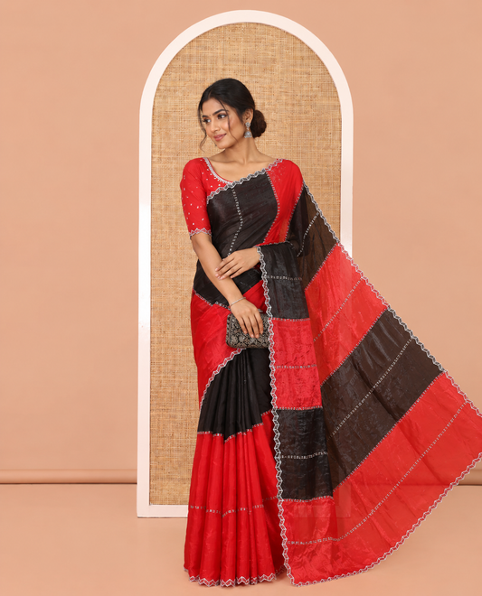 Red-Black Fendi Chiffon Saree, Decorated with Swarovski Stone Work, a Scallop Swarovski Stonework Border, a Matching Stonework Blouse