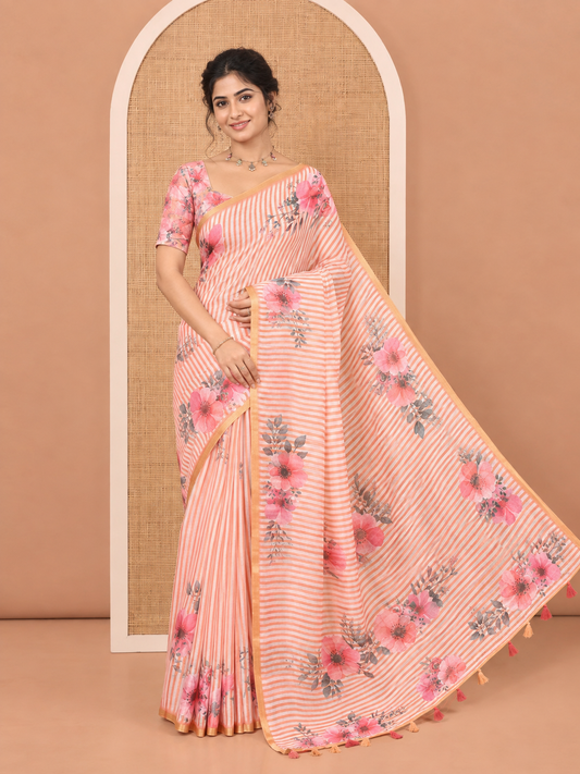 Rust Linen Cotton Saree Features Stripes, and Floral Print, a Piping Border, Floral Pallu and a Matching Blouse