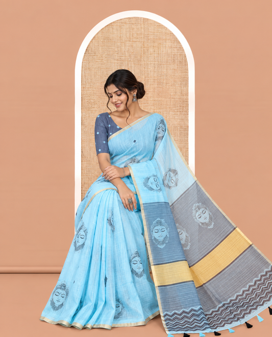 Borderless Blue Linen Cotton Saree, Beautified with Face Print, Contrast Pallu of Chevron Stripes and Face Print, a Contrast Blouse