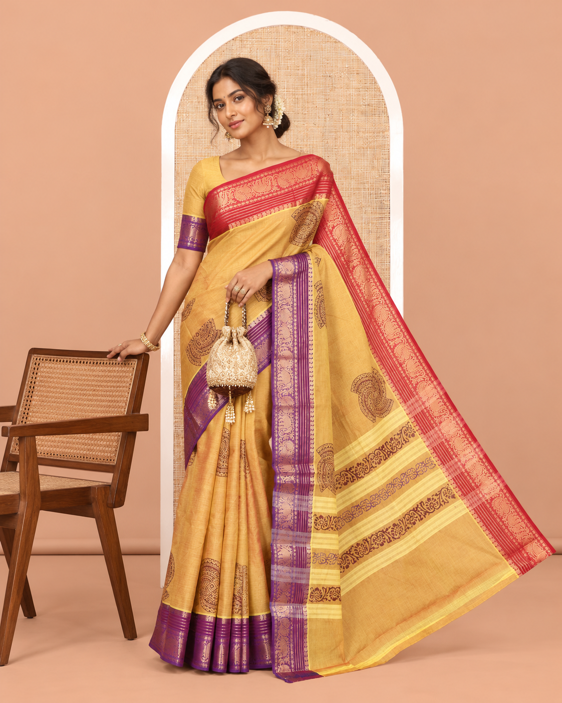 Mustard Chettinad Cotton Saree, Adorned with Geometric Buttas, a Contrast Ganga-Jamuna Traditional Border, No Blouse