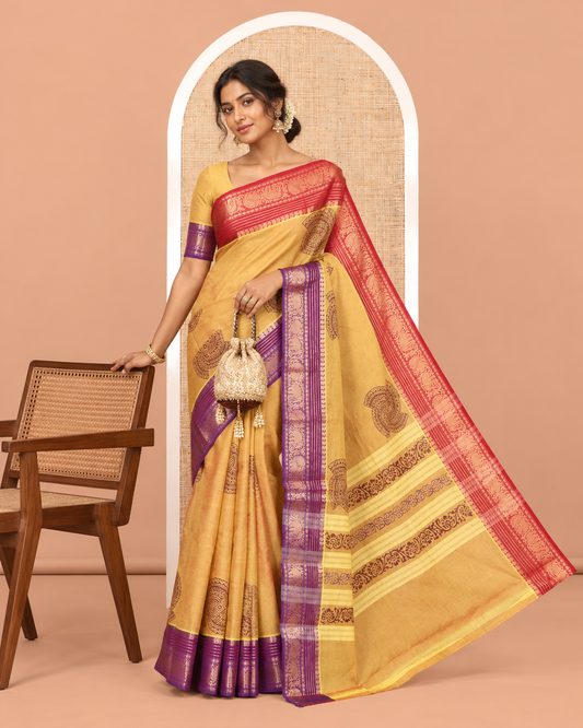 Mustard Chettinad Cotton Saree, Adorned with Geometric Buttas, a Contrast Ganga-Jamuna Traditional Border, No Blouse