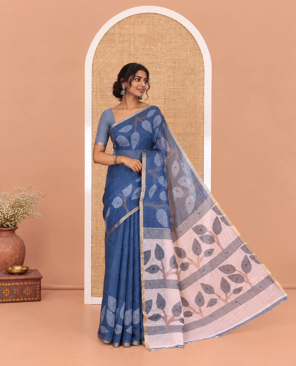 Navy Blue Linen Cotton Saree Features Leaf Print and Mirrorwork, a Piping Border, Contrast Pallu, and a Matching Blouse