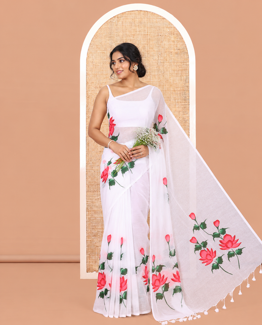 Borderless White Khadi Mul Cotton Saree