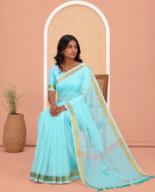 Sea Green Plain Khadi Mul Cotton Saree, a Gold Zari Border, Sequins Striped Pallu, and a Matching Blouse