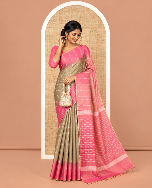 Olive Green Bhagalpur Cotton Saree, Accentuated with Dotted-Thread Stripes, Contrast Thread Striped Border, Pallu of Thread Stripes, and a Contrast Blouse
