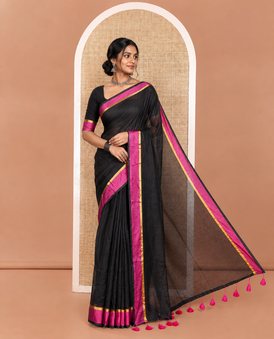Black Plain Khadi Mul Cotton Saree, Complemented by Contrast Zari Striped Border, Plain Pallu, and Paired with a Matching Blouse