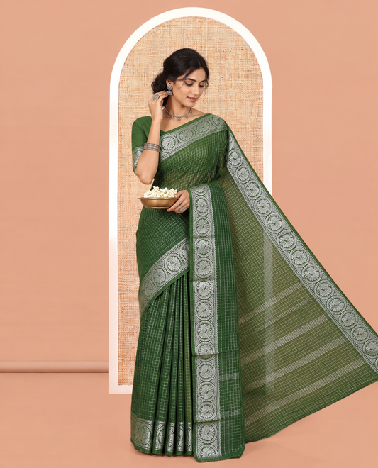 Green Zari Checked Sungudi Cotton Saree, a Zari Peacock Motif Border, Checked Pallu, and Matching Blouse