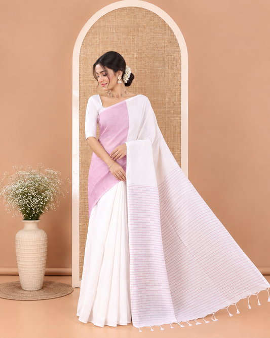 Borderless White and Purple Plain Khadi Mul Cotton Saree, Self-Pallu Steeped with Stripes, and Paired with a Plain Blouse