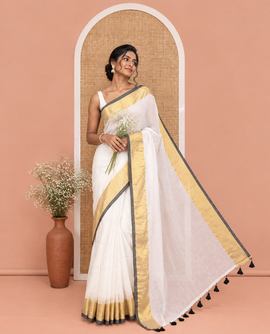 Cream-Black Plain Khadi Mul Cotton Saree, a Contrast Bavanji Zari Border, a Self-Pallu, and No Blouse