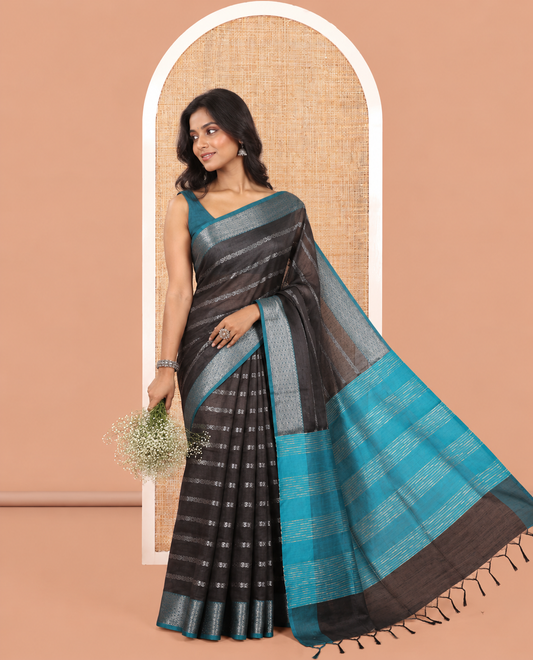 Black Zari-Striped Semi-Raw Silk Saree with a Contrast Zari Border, Intricate Pallu, and Contrast Blouse