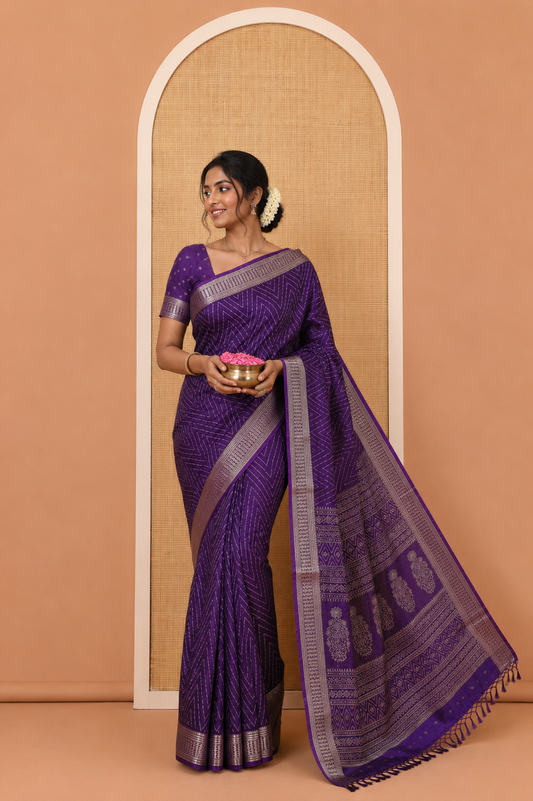 Violet Dola Silk Saree, Subtly Sparkled with Chevron Stripes on Its Body, Highlighted by Traditional Zari Design Border, Intricately Designed Pallu, and Paired with a Matching Blouse