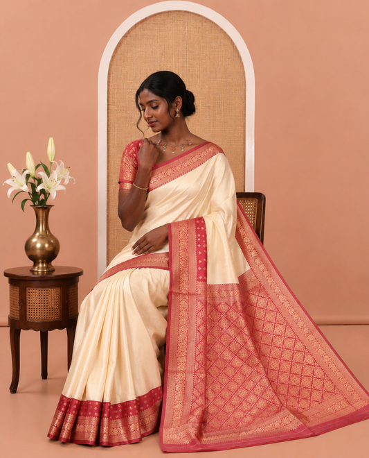 Cream-Maroon Embossed Art Kanchi Silk Saree, a Contrast Traditional Zari Border, Intricate Pallu, and a Contrast Blouse