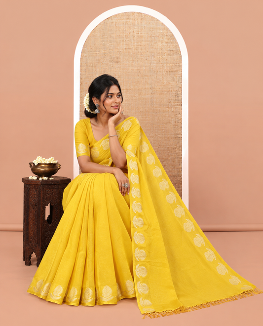 Yellow Plain Moss Chiffon Saree, Highlighted by Gold Zari Floral Border, and a Self-Pallu