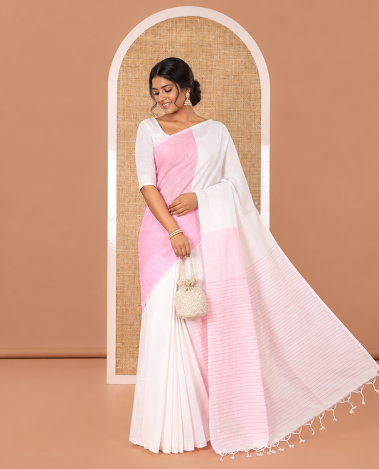 Borderless White and Candy Pink Plain Khadi Mul Cotton Saree, Self-Pallu Steeped with Stripes, and Paired with a Plain Blouse