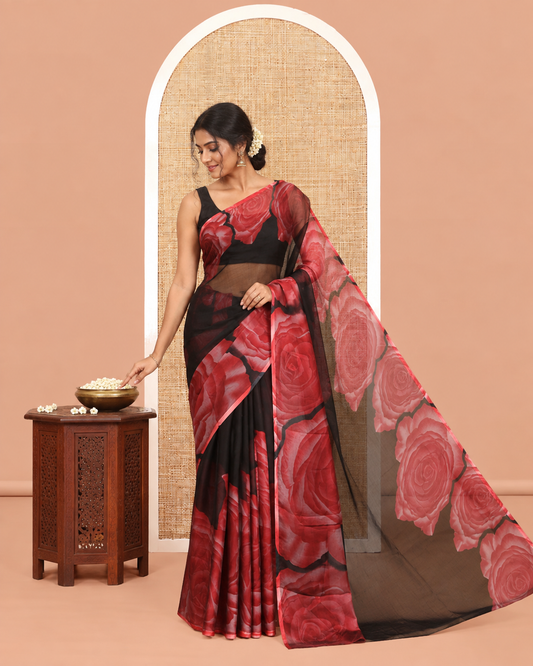 Black-Red Plain Rangoli Chiffon Saree