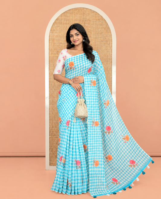 Blue Linen Cotton Saree, Adorned with Checks and a Floral Print, Lace Border, a Self-Pallu, and a Contrast Blouse
