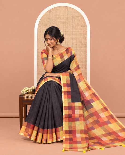 Black-Yellow Plain Linen Cotton Saree, a Contrast Checked Border, Checked Pallu, and a Contrast Blouse