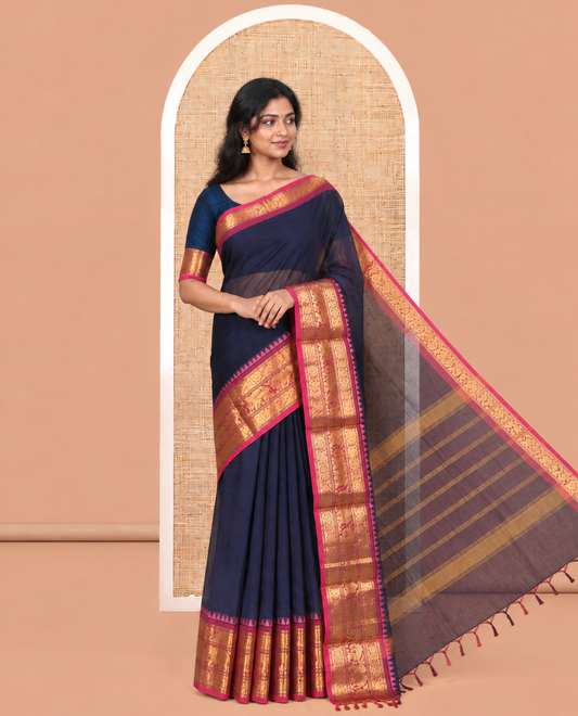 Navy Blue Plain Chettinad Cotton Saree