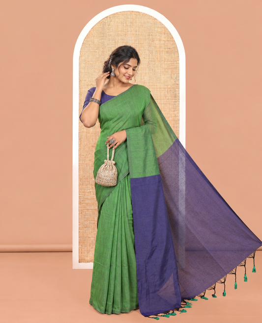 Borderless Green-Navy Blue Plain Khadi Cotton Saree