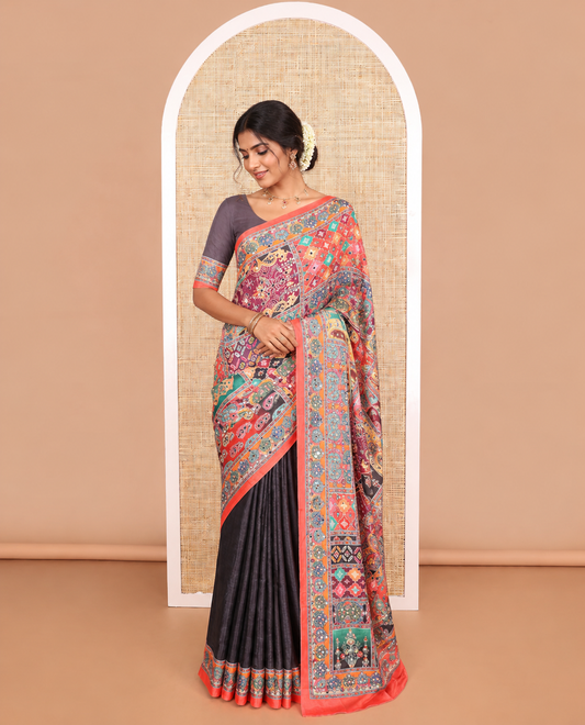 Multi-color printed, mirror work synon silk saree with printed border & printed rich pallu along with plain blouse