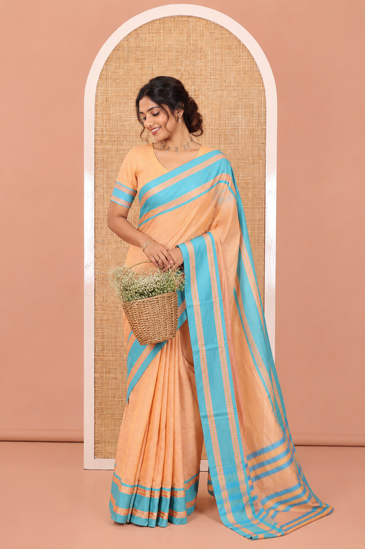 Mustard Mercerised Cotton Saree, Subtly Sparkled with Checks, Contrast Rettai Pettu Border, Striped Pallu, and Matching Blouse