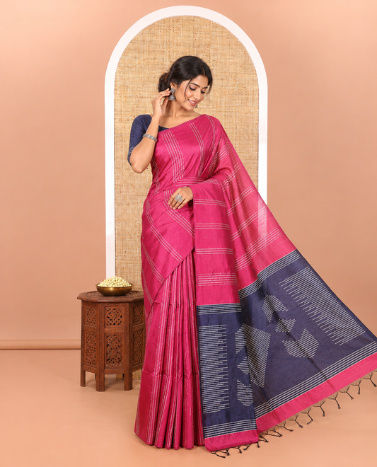 Borderless Rani Pink Semi-Raw Silk Saree Featuring Elegant Vertical Sequin Stripes Running Across the Body, Complemented by a Contrast Thread-Work Pallu and Paired with a Contrast Blouse