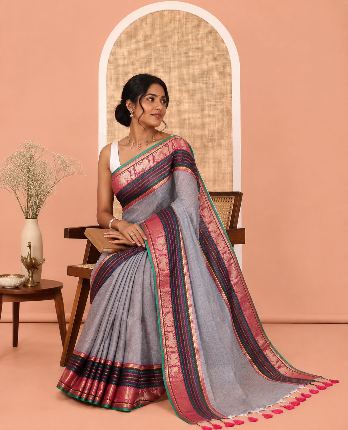 Grey Plain Khadi Mul Cotton Saree, Complemented by Contrast Yaali-Peacock Traditional Border, Self-Pallu, and No Blouse