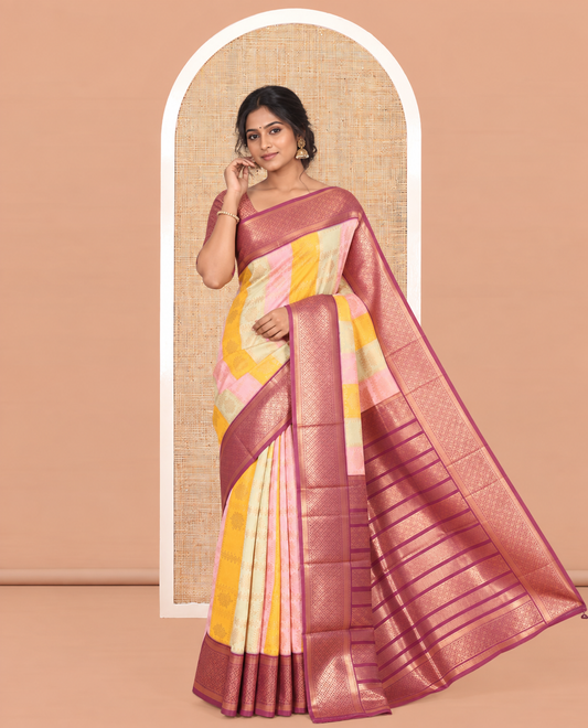 Multi-Color Zari Butta Enclosed Checks Litchi Saree, Decked Up with Contrast Traditional Border and Blouse