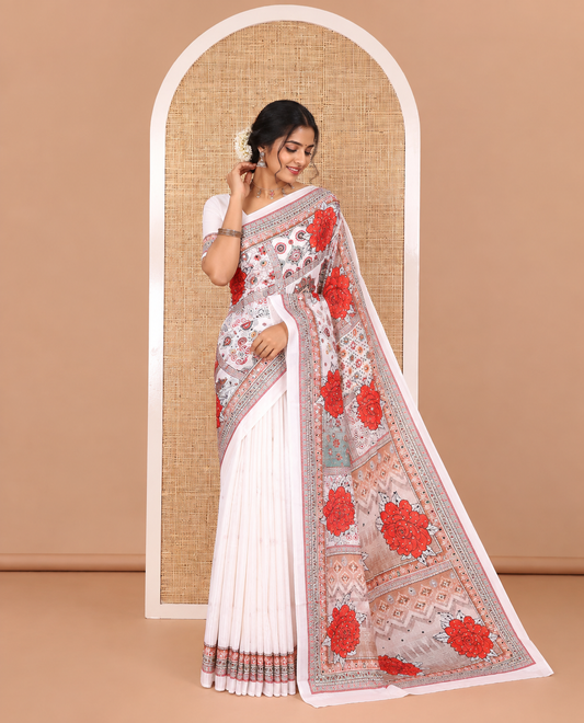 White geometric and floral printed with mirror work masakali saree, self-border, printed and mirror work pallu, and a matching blouse
