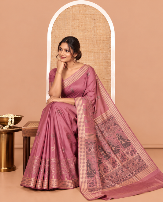 Wine Satin Silk Saree, Adorned with Flora-Fauna Buttas, Tree-Bird Border, Intricate Pallu, Matching Blouse