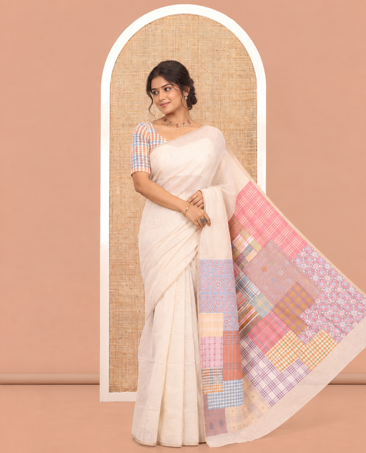 Borderless Chikku-Mustard Munga Cotton Saree