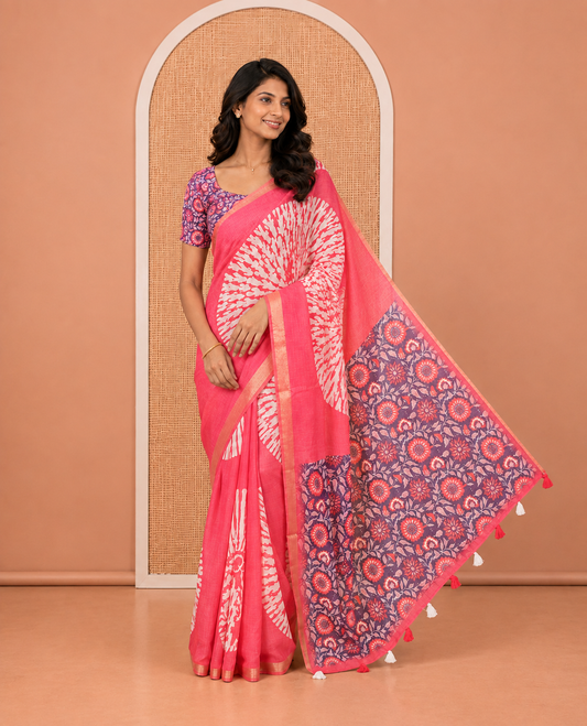 Pink Linen Cotton Saree, Adorned with Floral Motifs Printed on Its Body, Subtle Piping Border, Complemented by a Contrast Floral Printed Blouse, and Paired with a Contrast Blouse