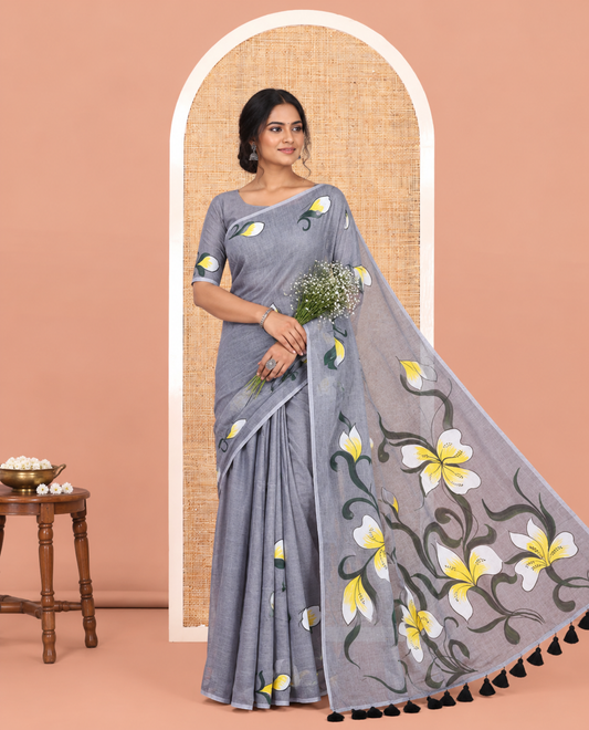 Borderless Grey Khadi Mul Cotton Saree Features Floral Hand-Brush Painting, and a Matching Blouse