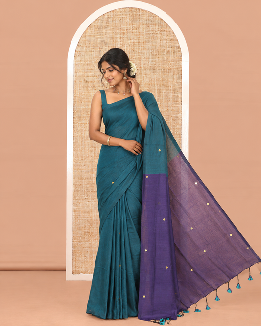 Borderless Peacock Green-Dark Violet Khadi Cotton Saree