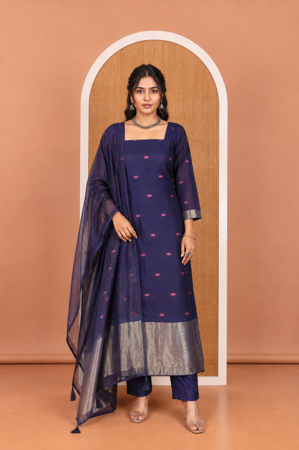 Blue Semi-Linen Material Churidar, Delicately Woven with Thread Buttas Top, a Plain Bottom, and a Thread Buttas Dupatta