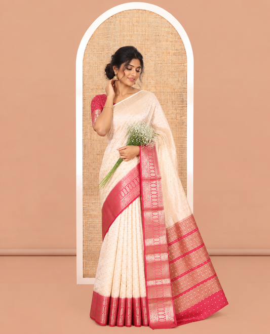 Cream-Pink Semi-Tussar Saree Features 1000 Buttas, a Contrast Traditional Border, and Contrast Blouse