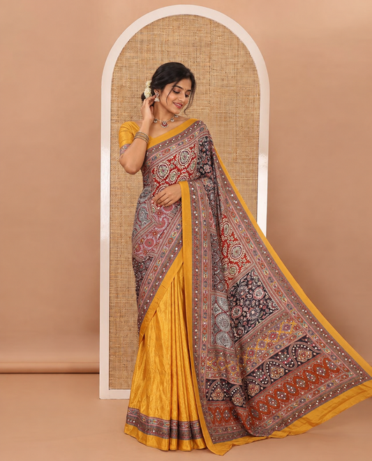 Gold-base colorful Mughal-style motifs printed & real mirror work masakali saree, self-border & pallu of print & mirror work