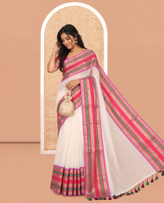 Cream-Lavender Plain Khadi Mul Cotton Saree