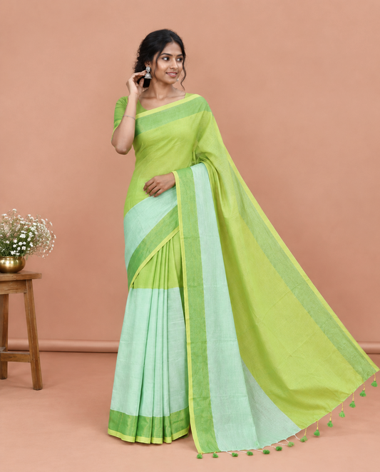 Green Half-And-Half-Style Plain Khadi Mul Cotton Saree, a Zari Border, a Self-Pallu, and a Matching Blouse