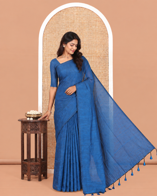 Borderless Blue Plain Khadi Cotton Saree